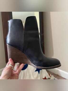 Lucky Brand black leather wedge suede booties